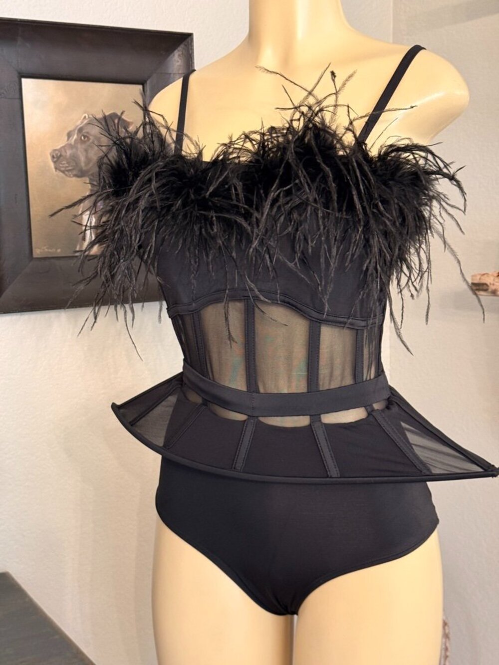 !0th House Spandex&Sheer Mesh Leotard w/boned bodice&Sheer Mesh Peplum